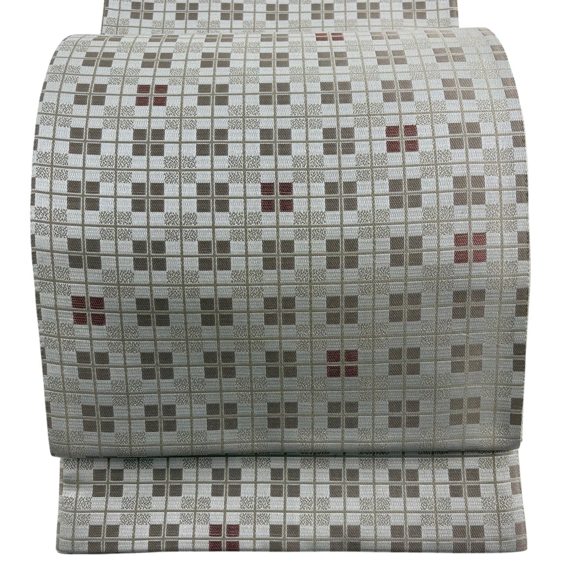 【美品】 袋帯 名品 格子 幾何学模様 ベージュ 六通 正絹 【中古】｜バイセル 店