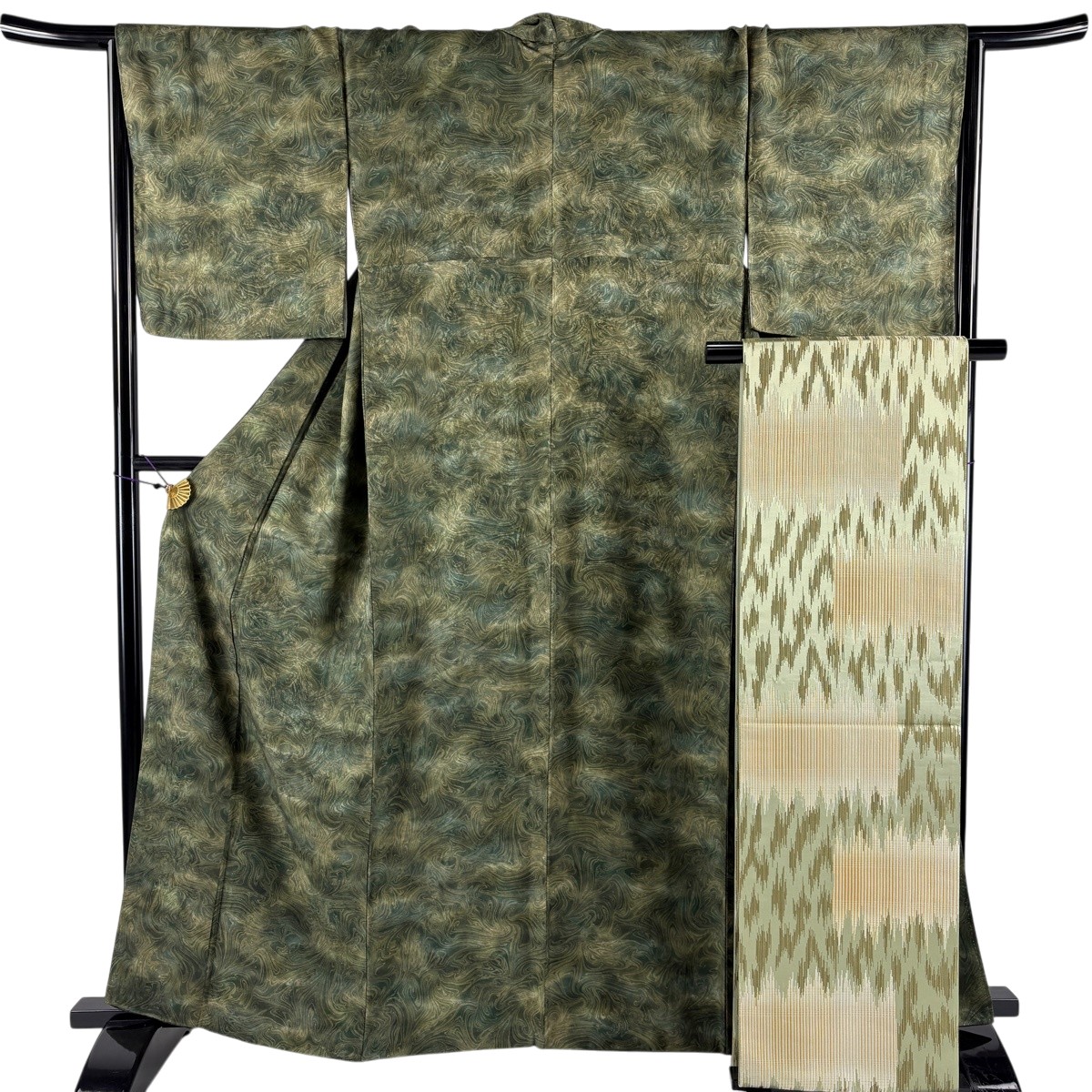 【美品】 小紋 身丈163cm 裄丈66cm M 袷 袋帯セット 墨流し ぼかし 深緑 正絹 秀品 【中古】|バイセル 店
