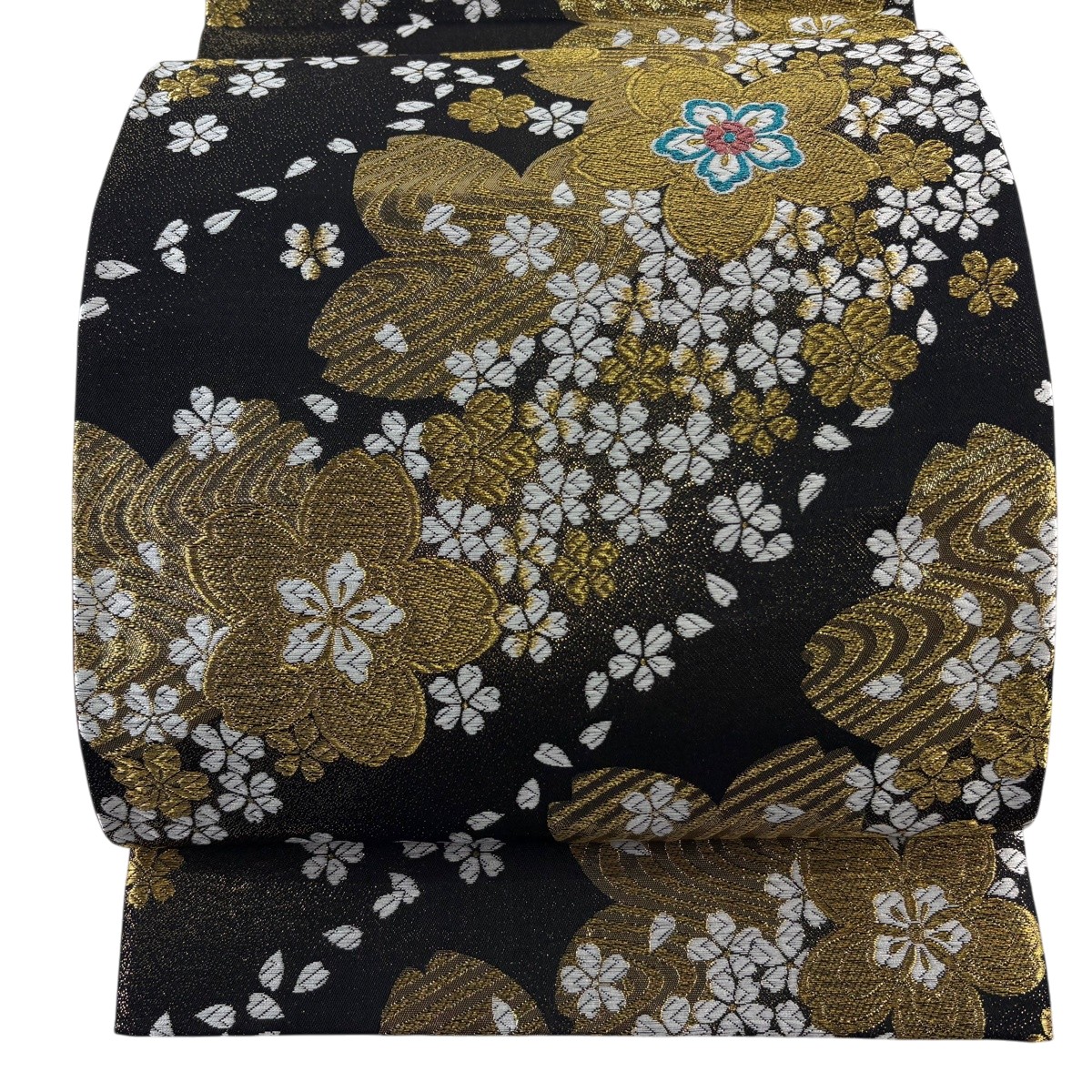 【美品】 袋帯 秀品 振袖向き 桜 桜の花びら 金糸 箔 黒 六通 正絹 【中古】｜バイセル 店