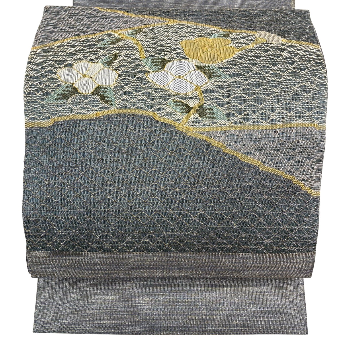名古屋帯 秀品 松葉仕立て 八寸名古屋帯 草花 金糸 青灰色 正絹 【中古】｜バイセル 店