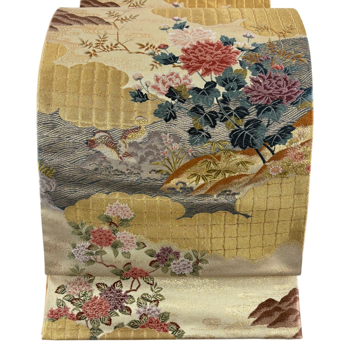 【美品】 袋帯 秀品 四季屏風絵 牡丹 鴛鴦 金糸 箔 金色 六通 正絹 【中古】｜バイセル 店