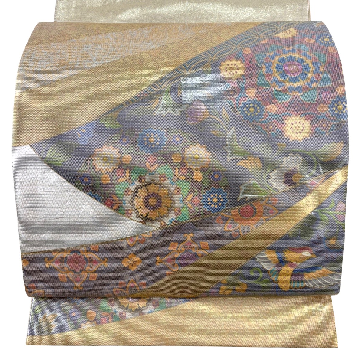 【美品】 袋帯 秀品 天平麗花文 華文 花鳥 螺鈿箔 箔 金色 お太鼓柄 正絹 【中古】｜バイセル 店