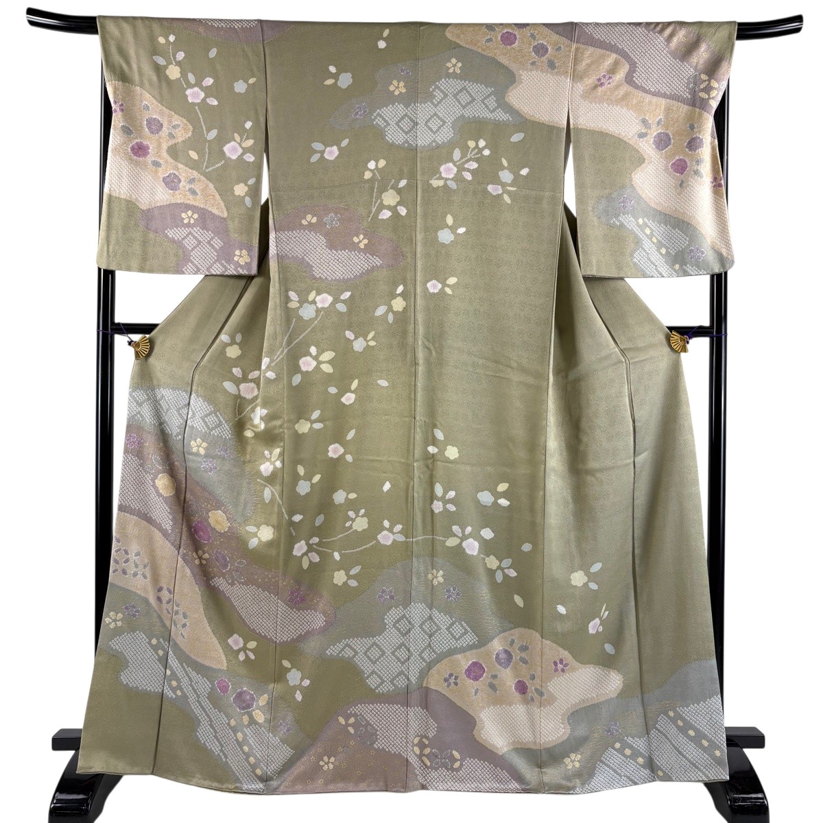 訪問着 身丈166.5cm 裄丈67cm M 袷 やまと 桜 霞 金彩 絞り 灰緑 正絹 名品 【中古】｜バイセル 店 9,798円