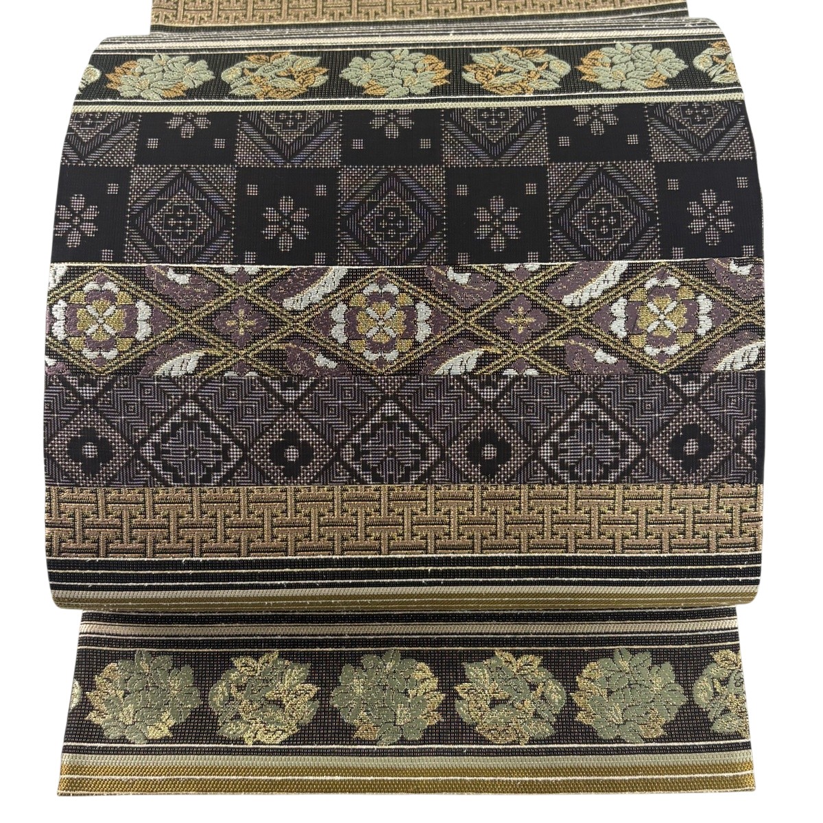 【美品】 袋帯 名品 奄美大島吉祥文様 金糸 墨色 全通 正絹 【中古】|バイセル 店