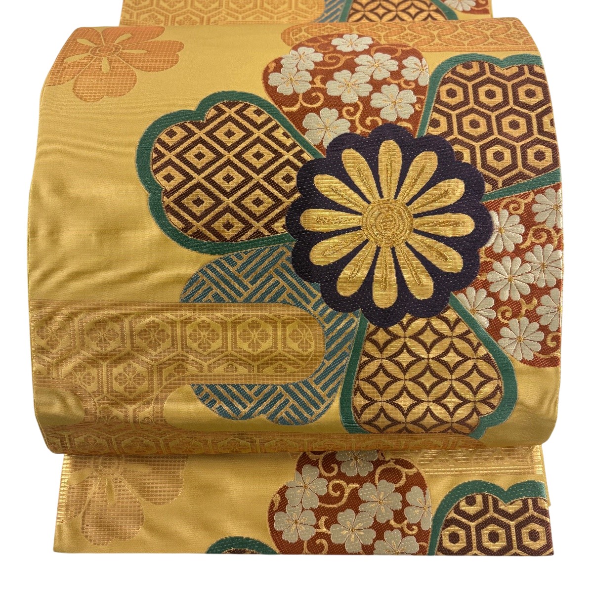 袋帯 名品 花井幸子 落款あり 有職文様 桜 箔 金糸 黄土色 六通 正絹 【中古】｜バイセル 店