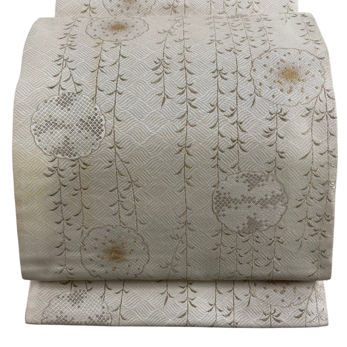 袋帯 名品 加納幸 落款あり 雪輪 柳 金糸 箔 薄茶色 六通 正絹 【中古】|バイセル 店