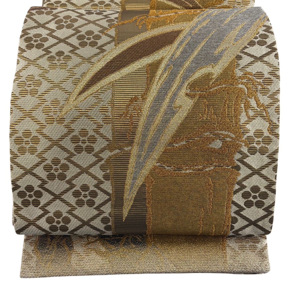 【美品】 袋帯 名品 竹 梅 金糸 箔 黄土色 お太鼓柄 正絹 【中古】｜バイセル 店
