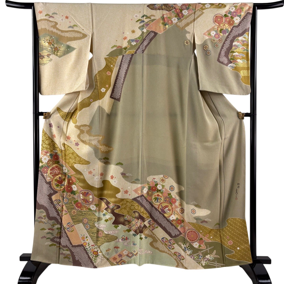 訪問着 身丈161cm 裄丈64cm M 袷 松井青々 落款あり 草花 霞 金糸 金銀彩 ベージュ 正絹 逸品 【中古】|バイセル 店