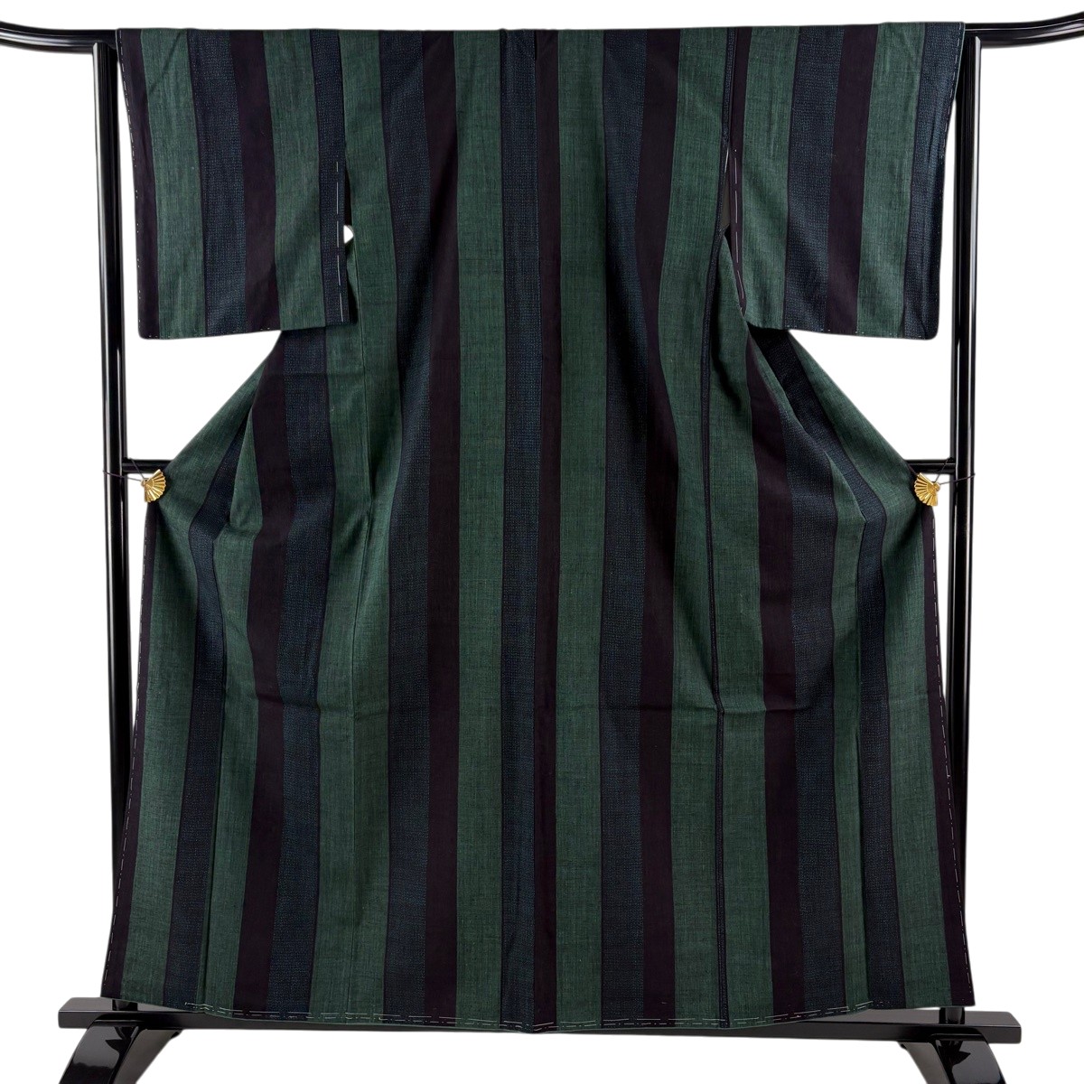 【美品】 紬 身丈160cm 裄丈63.5cm S 袷 縞 亀甲絣 深緑 正絹 逸品 【中古】|バイセル 店