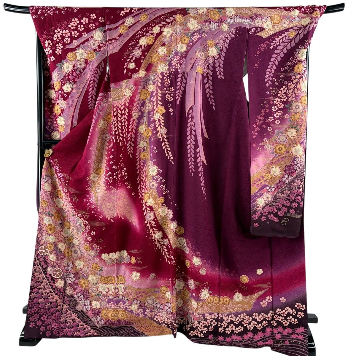 振袖 身丈170cm 裄丈72cm L 袷 雪輪 桜 銀通し 金彩 えんじ色 正絹 逸品 【中古】|バイセル 店