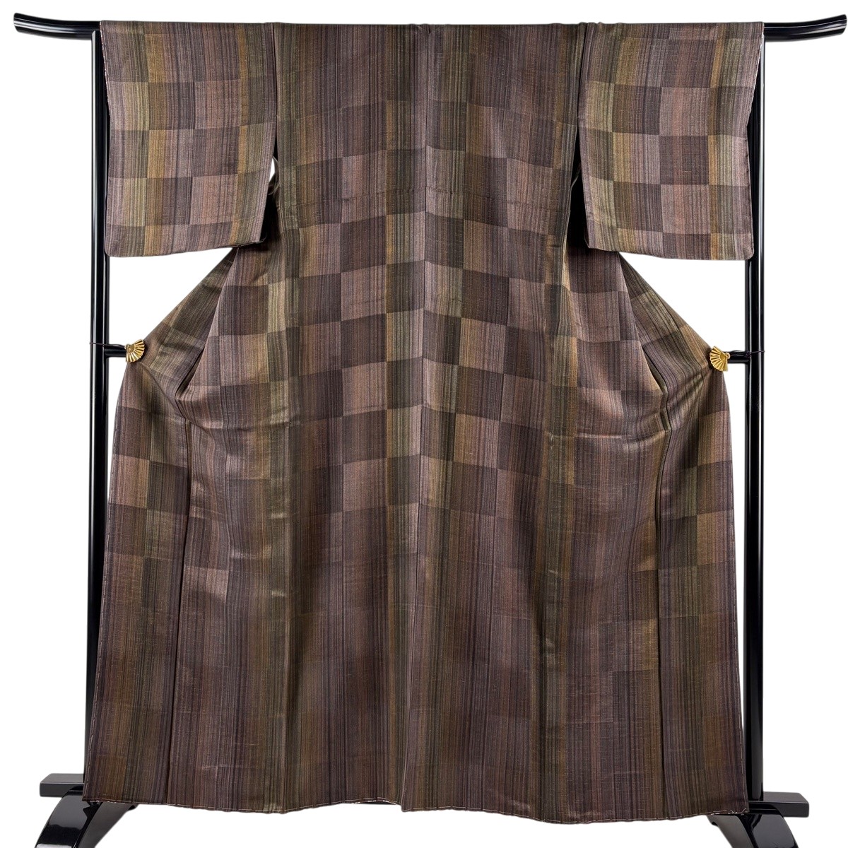 【美品】 小紋 身丈161cm 裄丈67cm M 袷 胴抜き仕立て 落款あり 縞 市松 茶色 正絹 逸品 【中古】｜バイセル 店