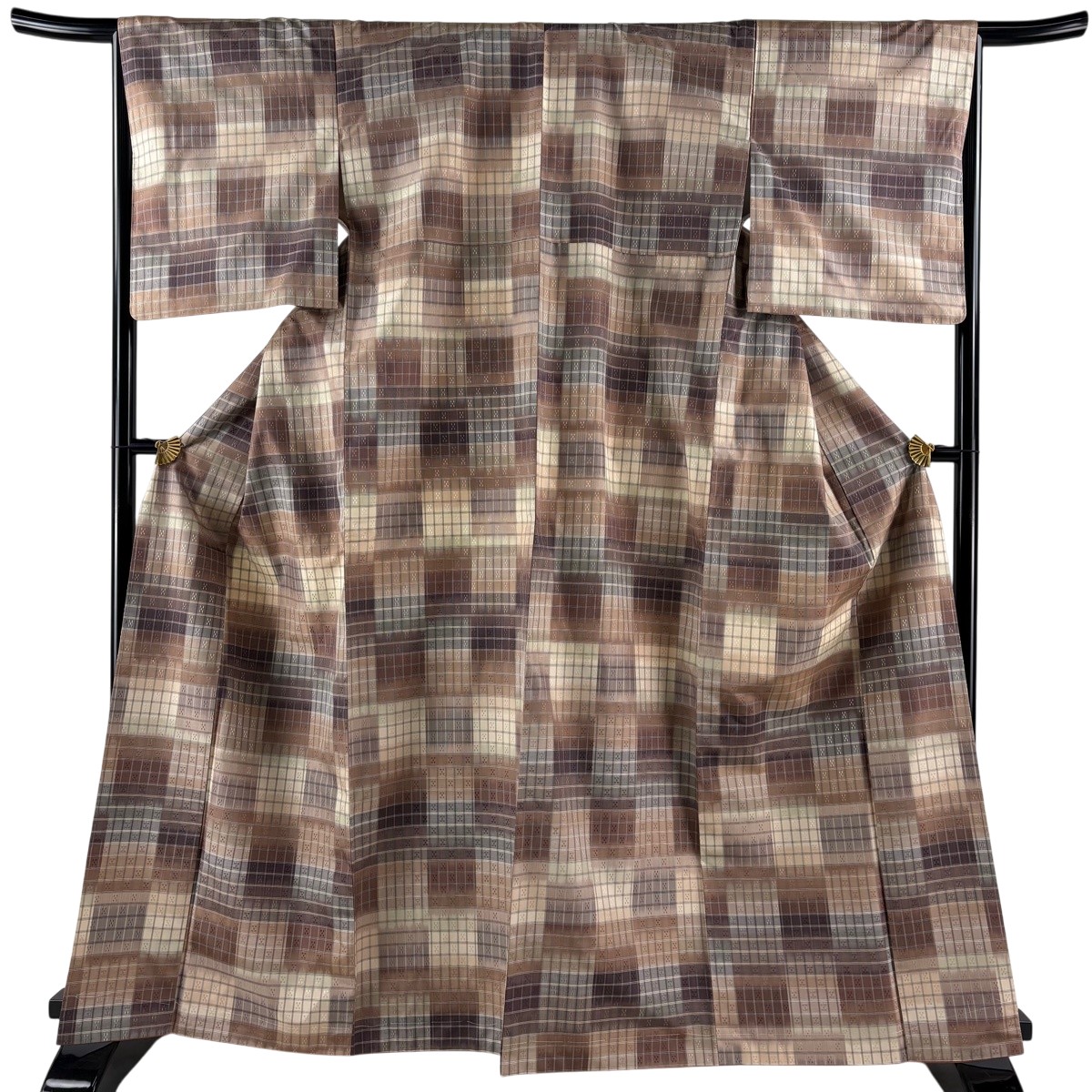 【美品】 小紋 身丈165.5cm 裄丈67cm M 袷 三代目市三郎 花格子 茶色 正絹 逸品 【中古】|バイセル 店