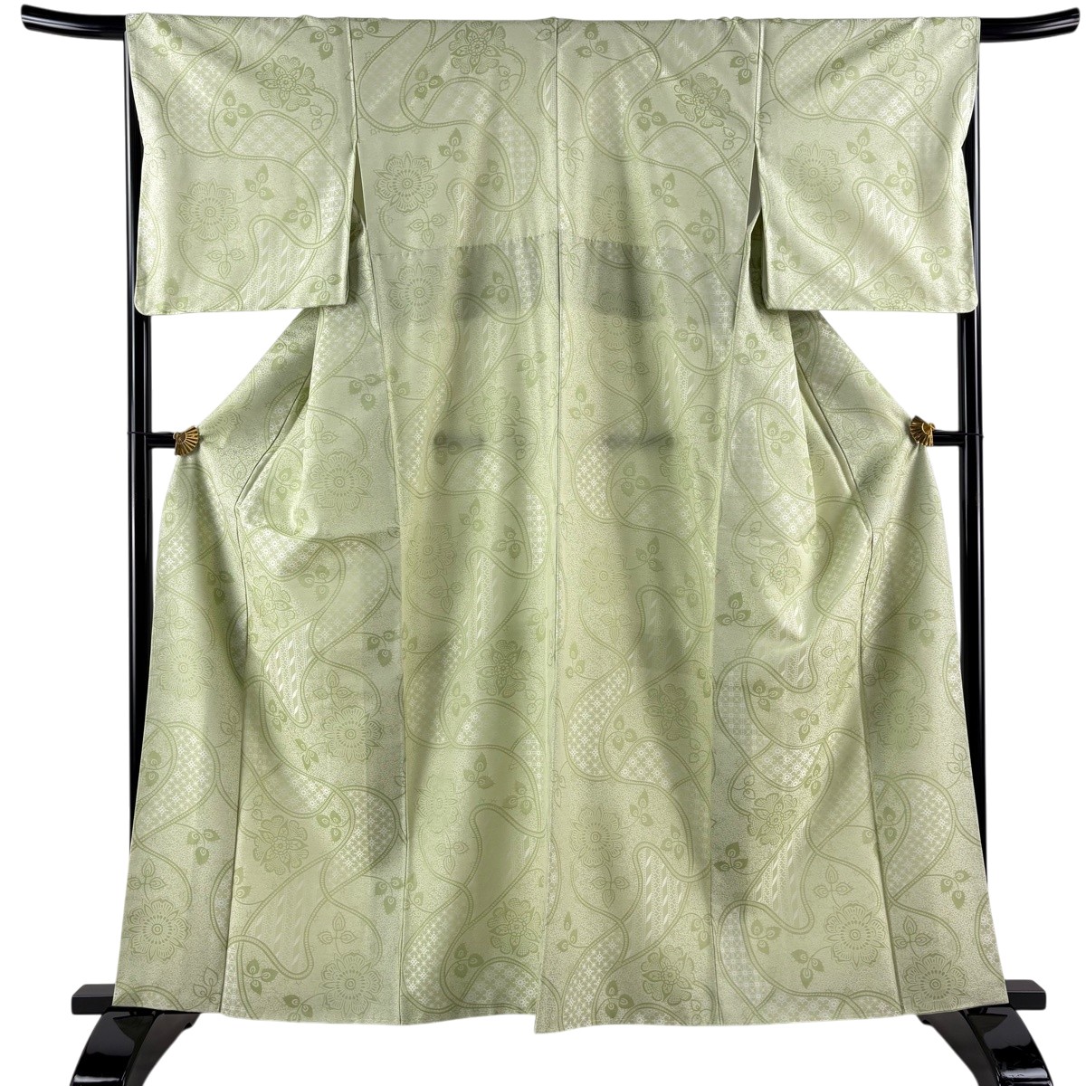 【美品】 お召 身丈161cm 裄丈67cm M 袷 華唐草 華 黄緑色 正絹 逸品 【中古】｜バイセル 店