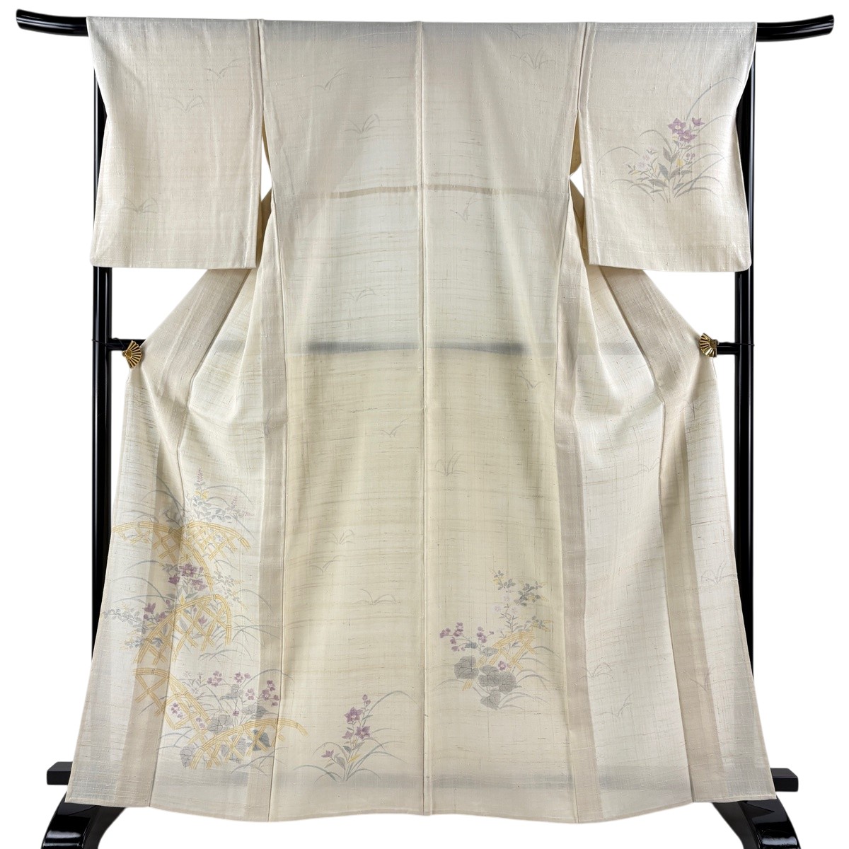 付下げ 身丈166cm 裄丈67cm M 単衣 紬地 秋草 曲垣 ベージュ 正絹 名品 【中古】|バイセル 店