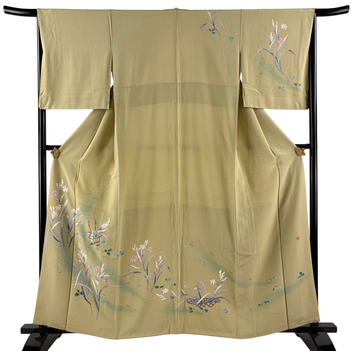訪問着 身丈158.5cm 裄丈66cm M 袷 落款あり 花籠 百合 ぼかし 抹茶色 正絹 名品 【中古】|バイセル 店
