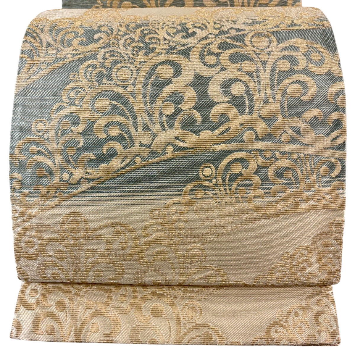 【美品】 袋帯 名品 証紙あり 唐草 段縞 金糸 ベージュ 全通 正絹 【中古】|バイセル 店