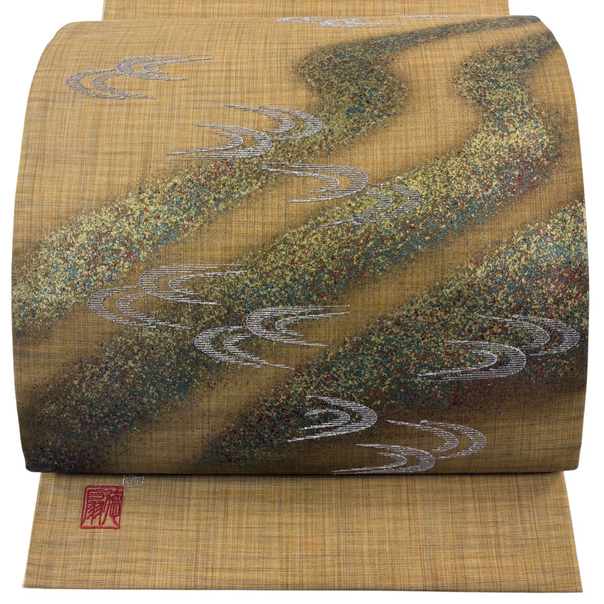 【美品】 袋帯 名品 藤林徳扇 落款あり 流水 霞 銀糸 金彩 黄土色 お太鼓柄 正絹 【中古】｜バイセル 店