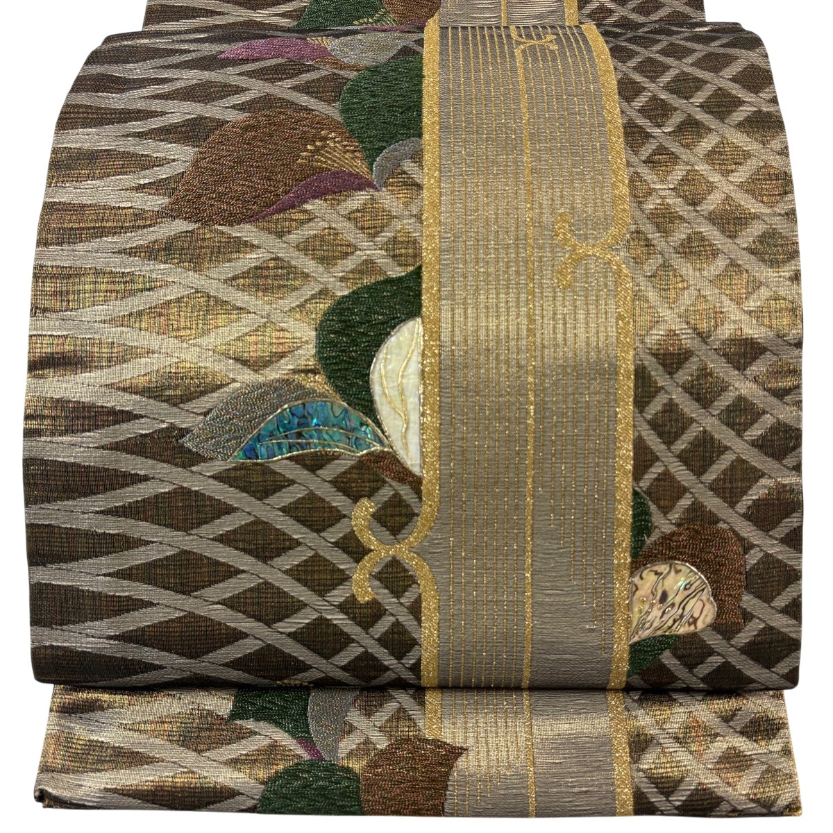 袋帯 名品 草花 幾何学 螺鈿 金彩 茶緑色 お太鼓柄 正絹 【中古】｜バイセル 店