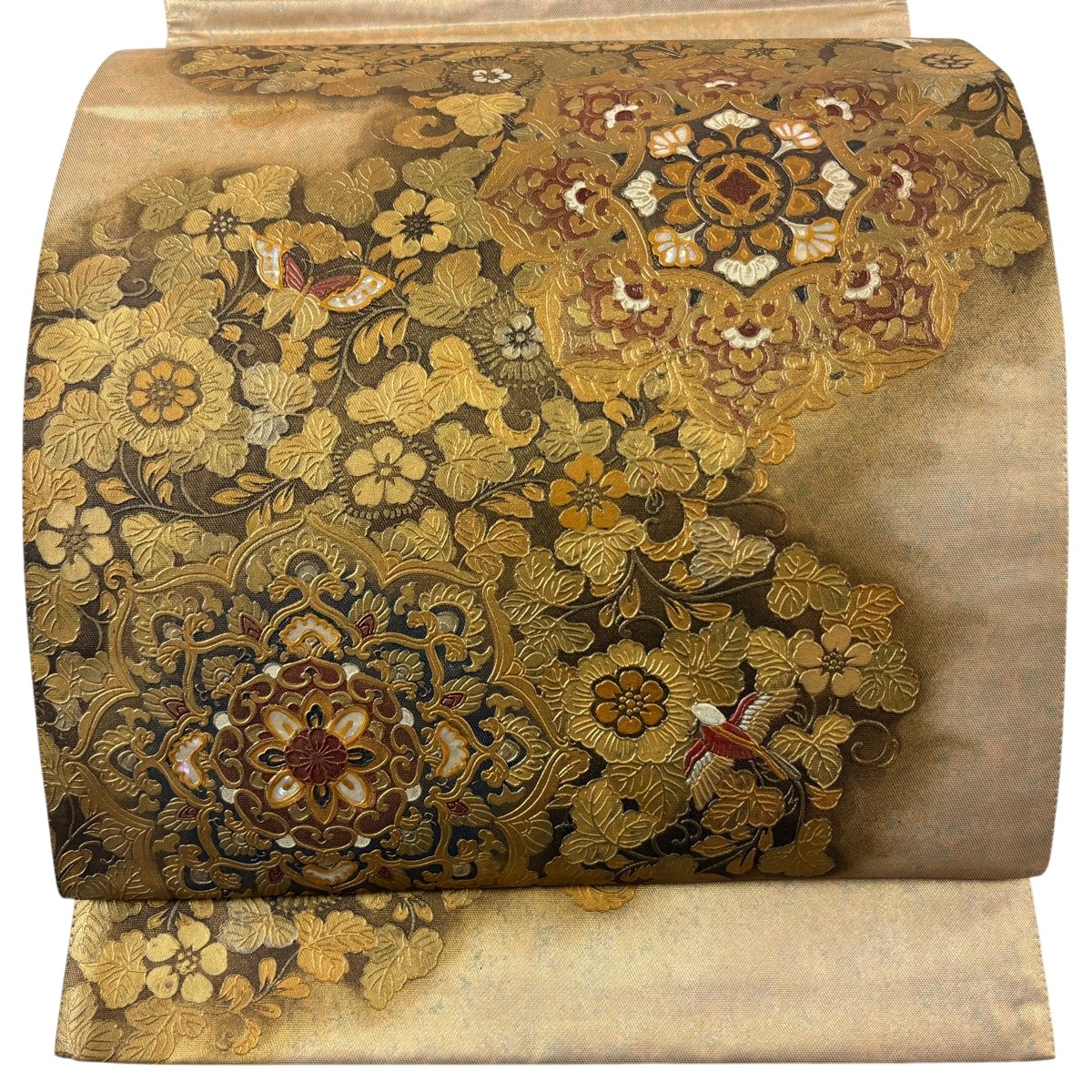 袋帯 名品 華文 花鳥 螺鈿 箔 薄茶色 お太鼓柄 正絹 【中古】｜バイセル 店 10,350円