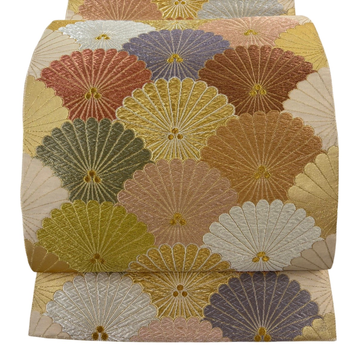 袋帯 名品 菊 金糸 刺繍 ベージュ 六通 正絹 【中古】|バイセル 店