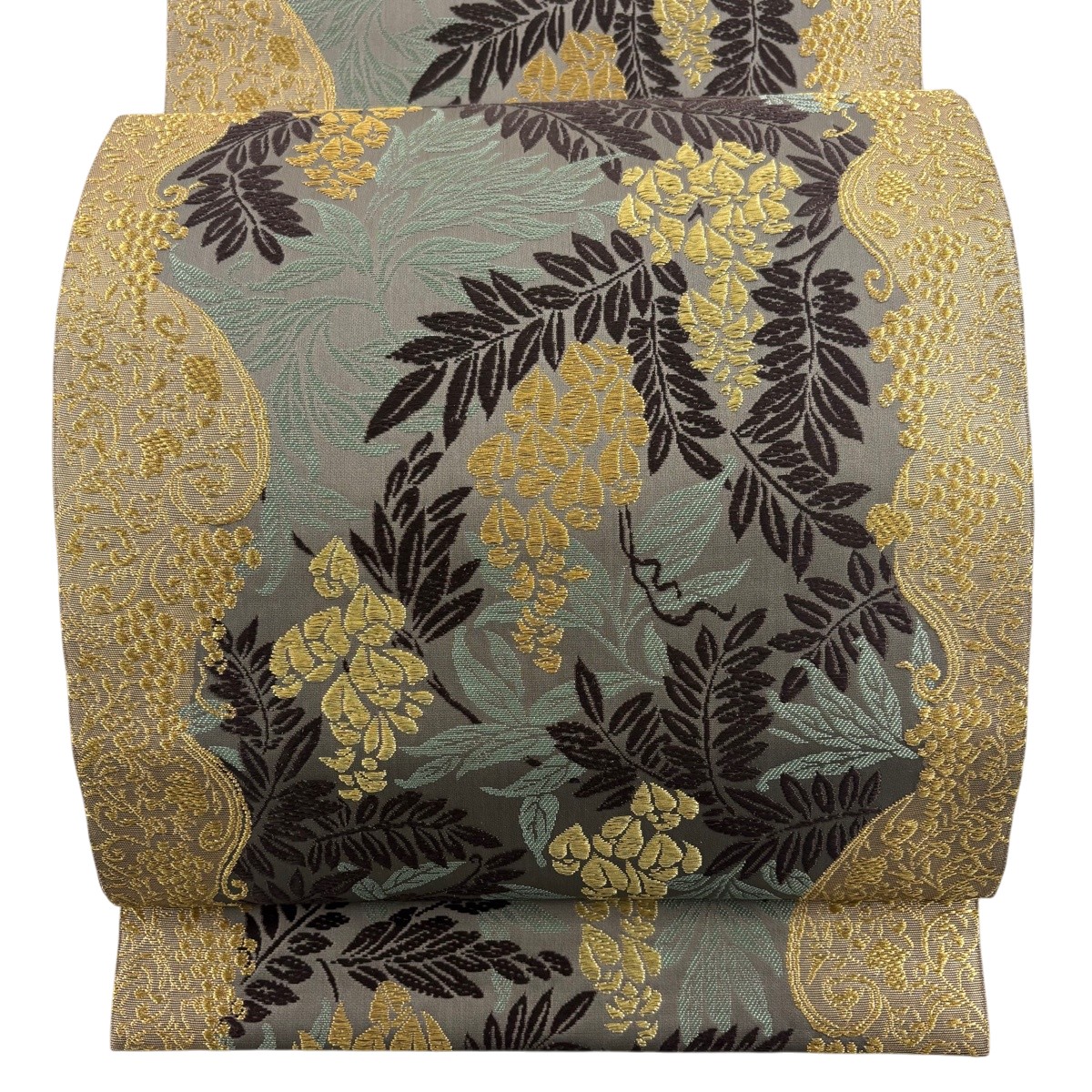 【美品】 袋帯 逸品 山口美術織物 落款あり ますいわ屋 葡萄唐草 葉柄 金糸 箔 茶緑色 六通 正絹 【中古】|バイセル 店