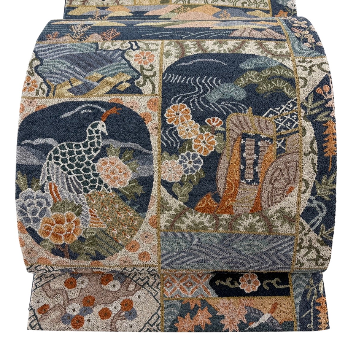 【美品】 袋帯 逸品 御所車 花鳥 相良刺繍 青灰色 六通 正絹 【中古】｜バイセル 店