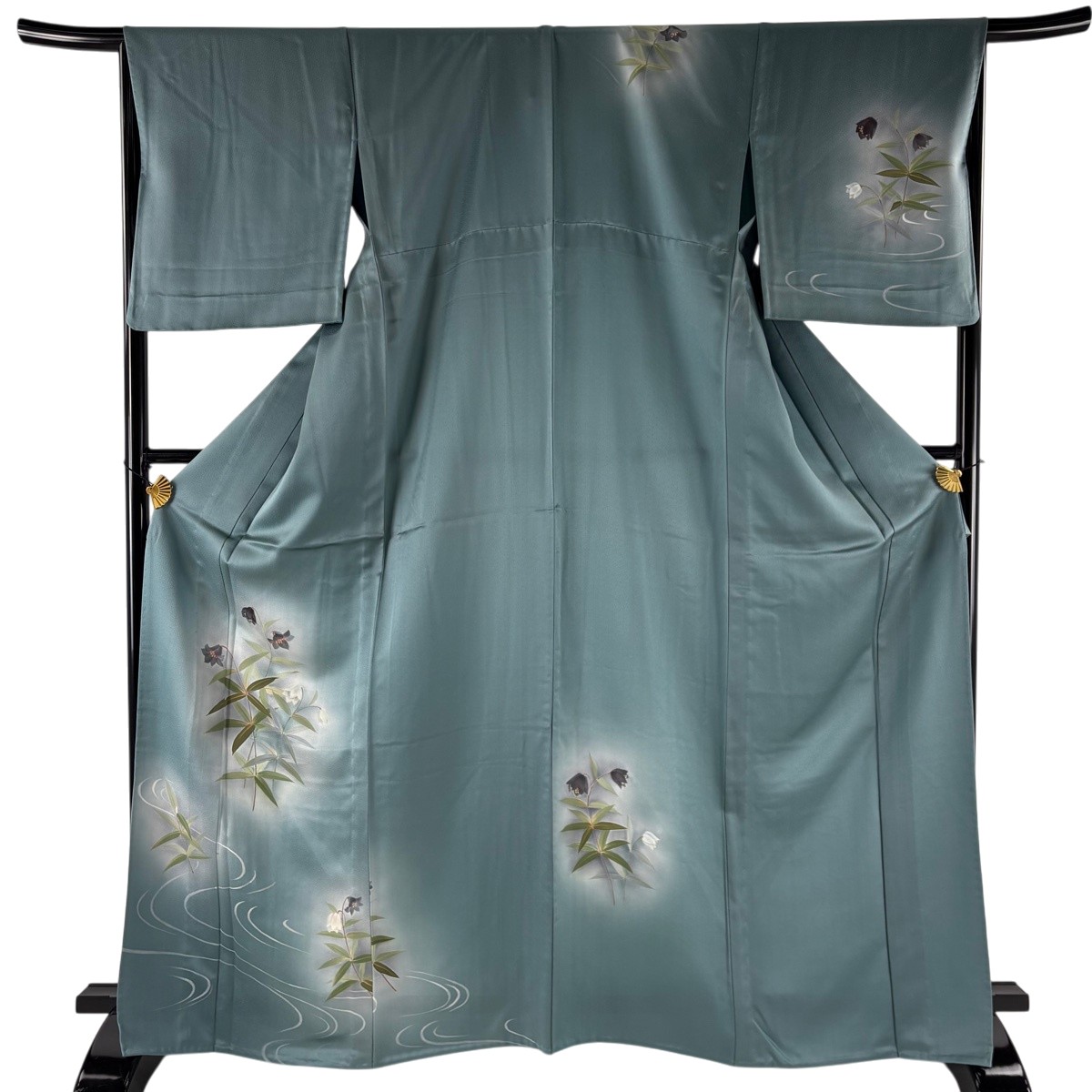 付下げ 身丈166.5cm 裄丈67cm M 単衣 草花 流水 ぼかし 青灰色 正絹 名品 【中古】｜バイセル 店