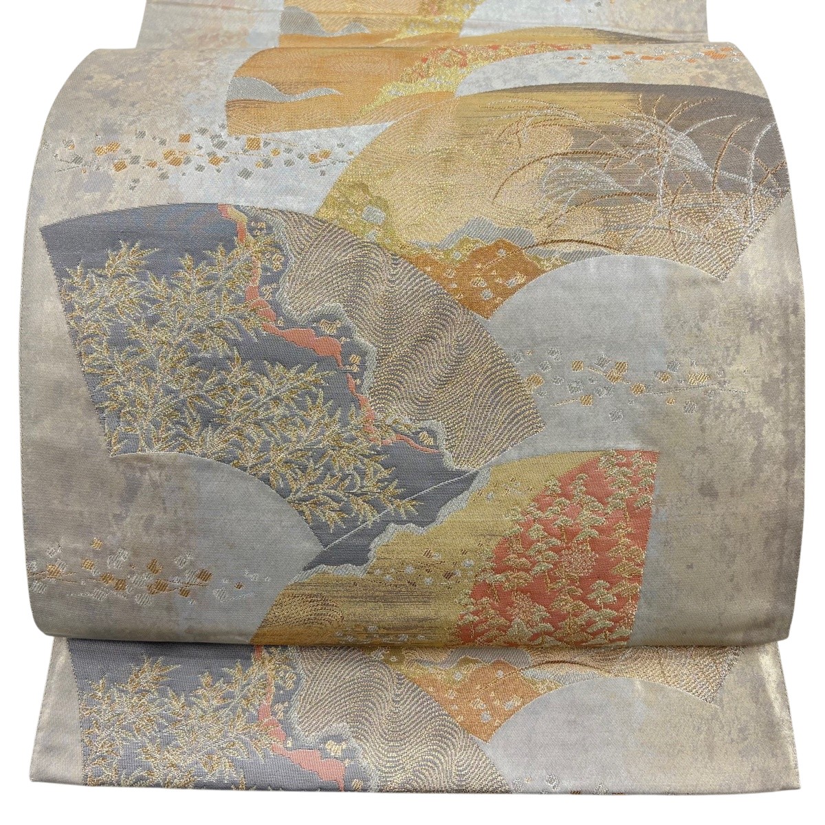 【美品】 袋帯 名品 花鳥風月 扇面 金銀糸 箔 灰白 六通 正絹 【中古】｜バイセル 店 11,850円