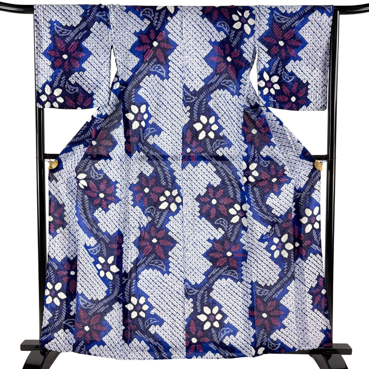 浴衣 身丈160cm 裄丈65cm M 絞り浴衣 花 青 綿 名品 【中古】|バイセル 店