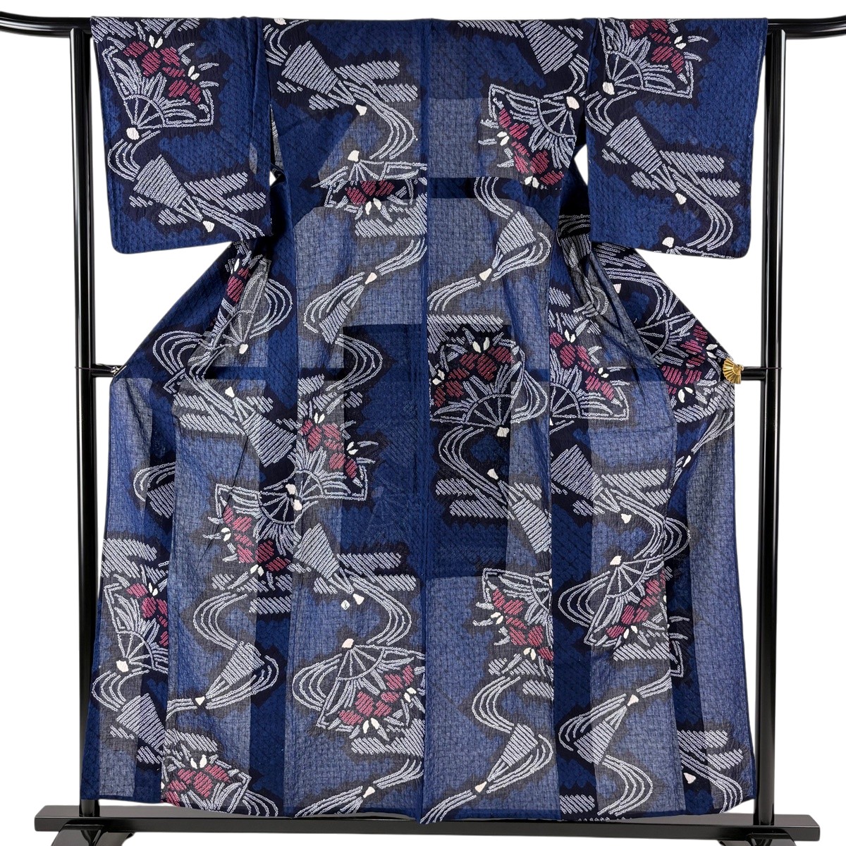 【美品】 浴衣 身丈157cm 裄丈63cm S 絞り浴衣 花扇 流水 濃紺 綿 名品 【中古】|バイセル 店