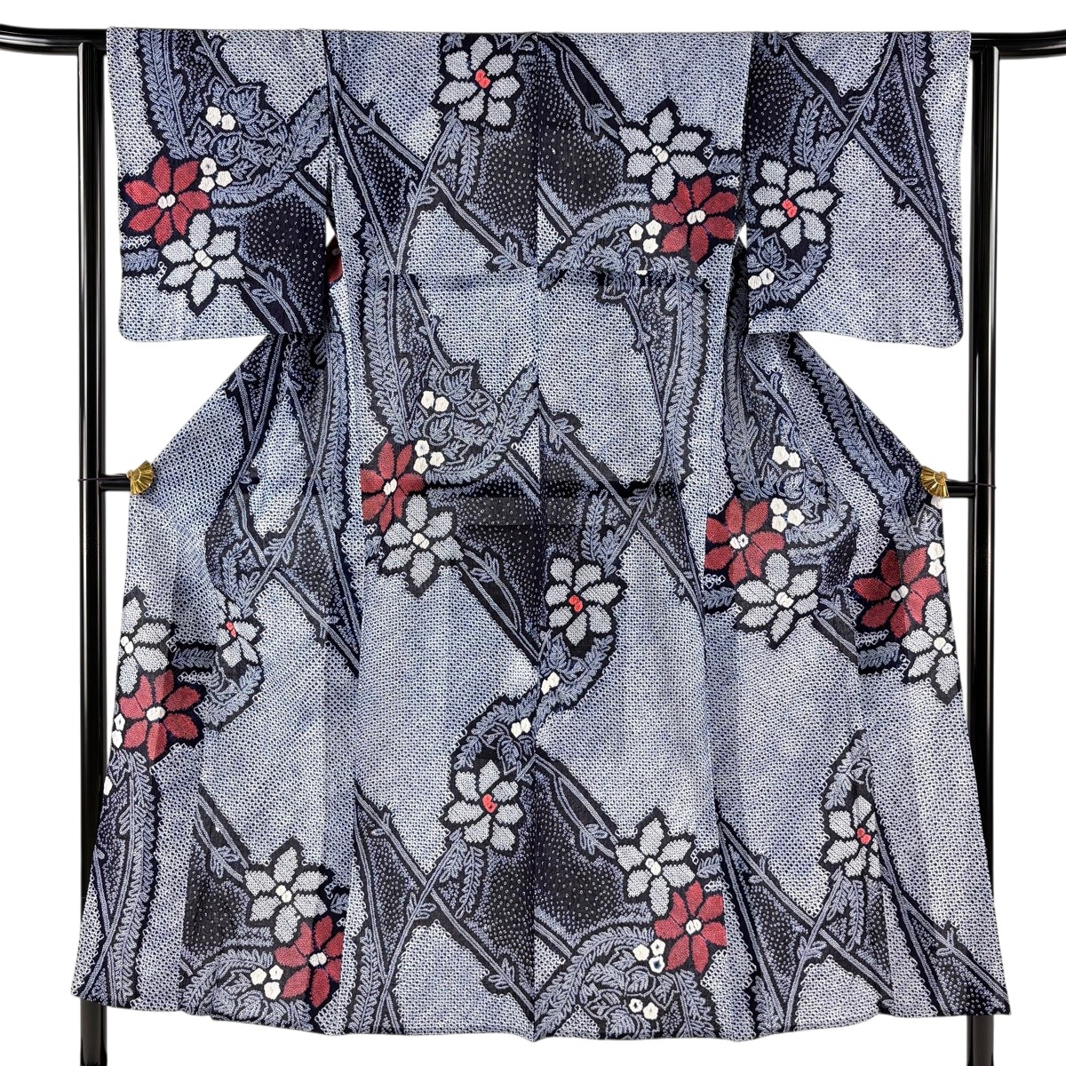 【美品】 浴衣 身丈151cm 裄丈62cm S 絞り浴衣 草花 紺色 綿 名品 【中古】|バイセル 店