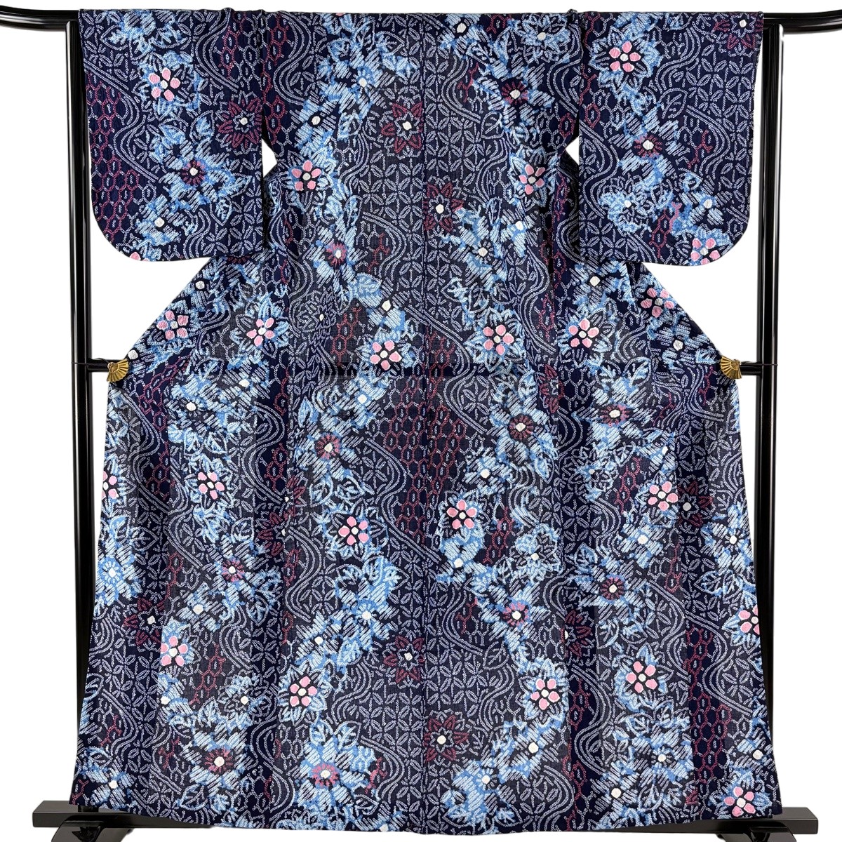 【美品】 浴衣 身丈160cm 裄丈65cm M 絞り浴衣 花 有職文様 濃紺 綿 名品 【中古】|バイセル 店