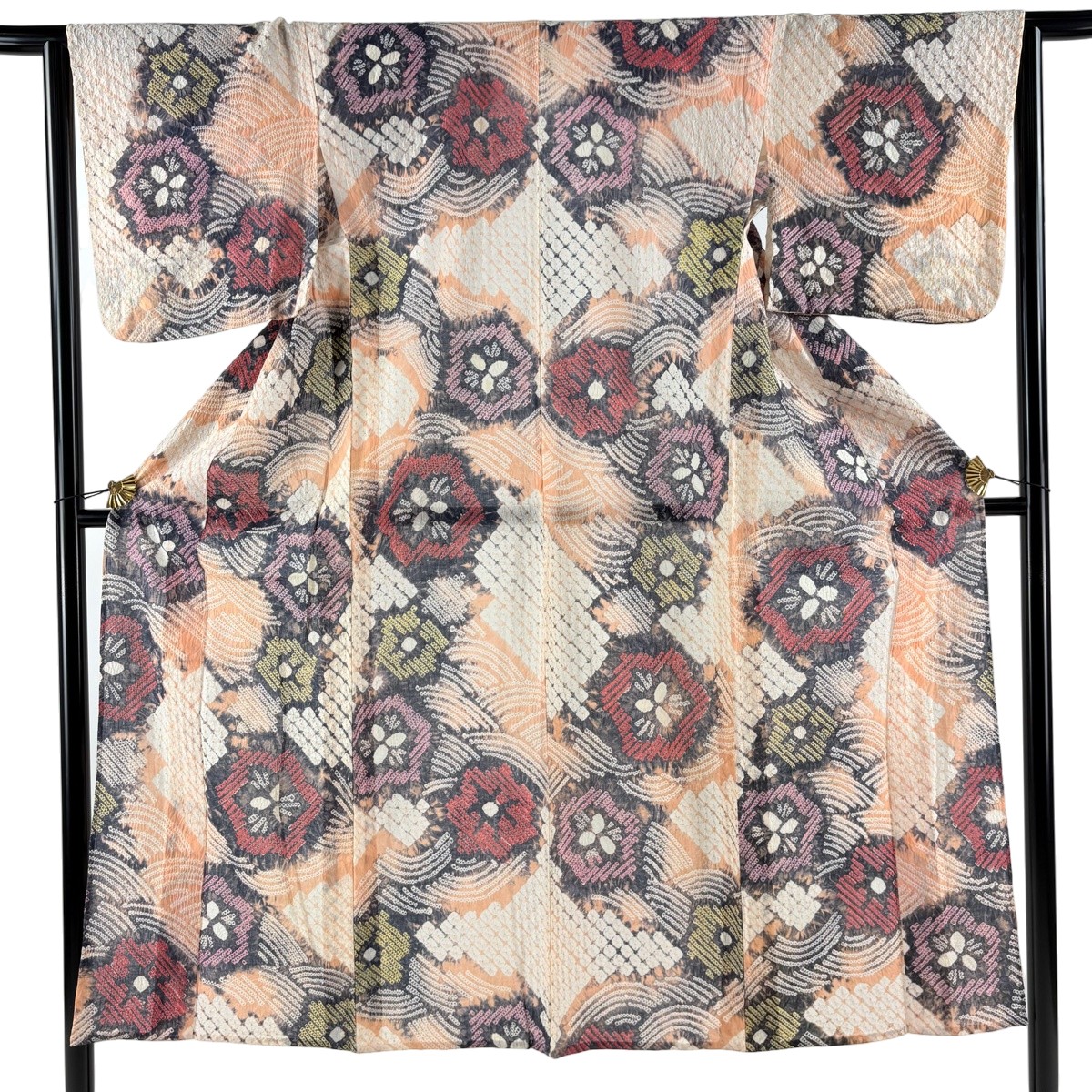 【美品】 浴衣 身丈145.5cm 裄丈64cm M 絞り浴衣 花 波 薄オレンジ 綿 名品 【中古】｜バイセル 店