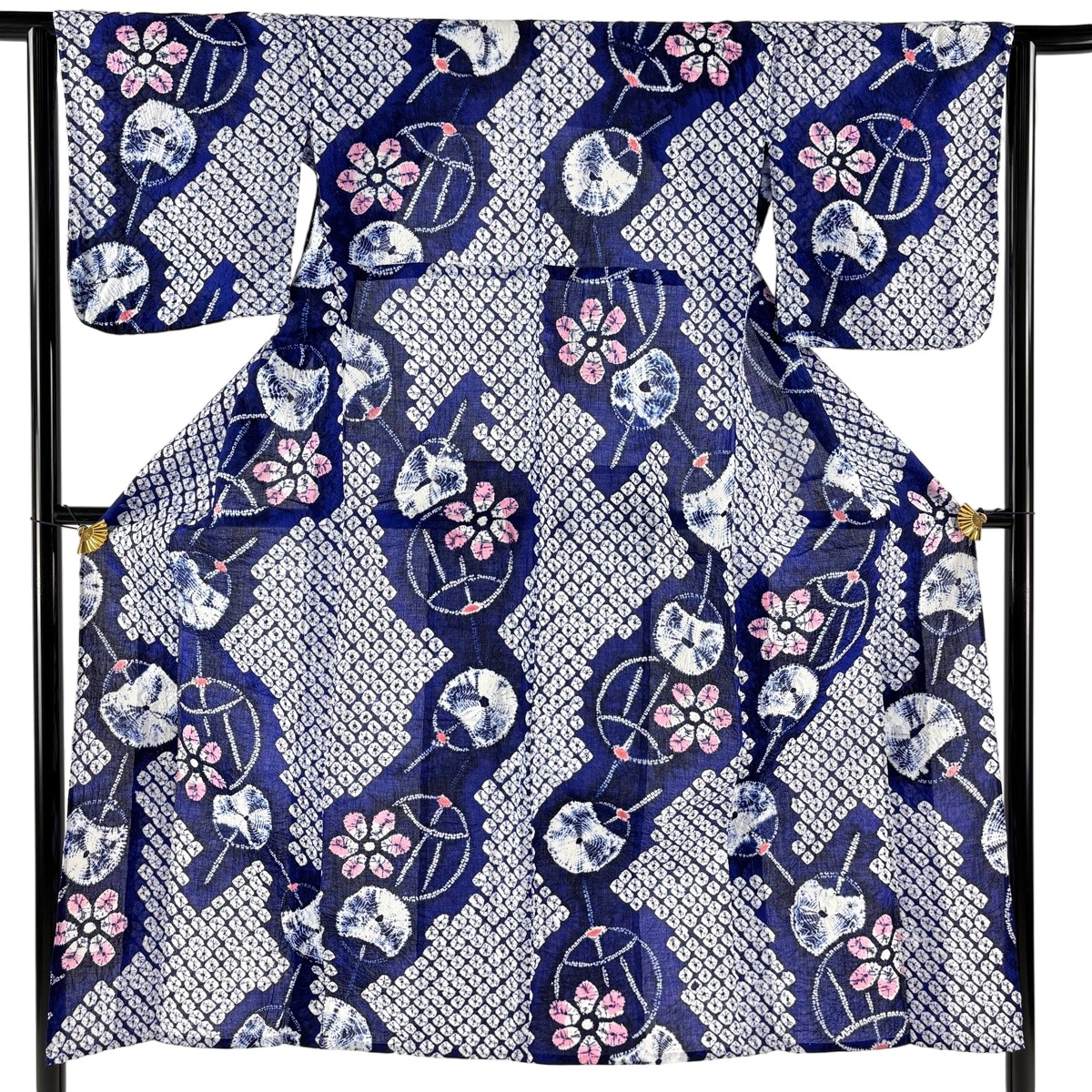 【美品】 浴衣 身丈143cm 裄丈63.5cm S 絞り浴衣 団扇 花 青 綿 名品 【中古】|バイセル 店
