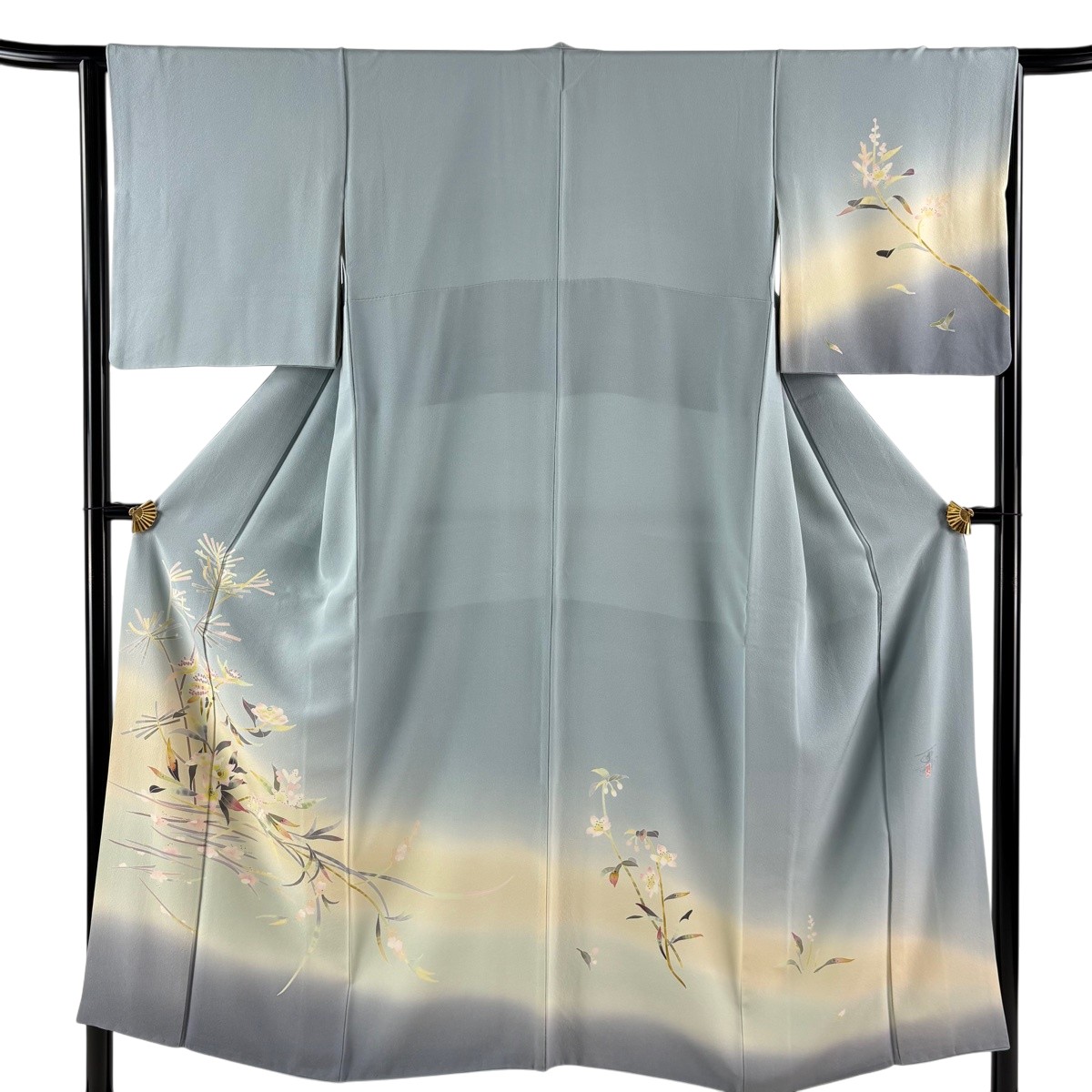 訪問着 身丈150cm 裄丈65cm M 袷 百貫石峰 落款あり 草花 ぼかし 水色 正絹 逸品 【中古】|バイセル 店