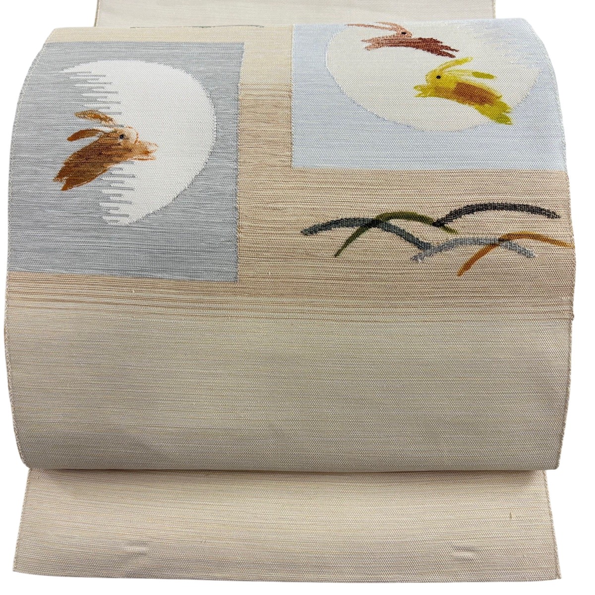 名古屋帯 名品 八寸名古屋帯 うさぎと月 芝 ベージュ 正絹 【中古】|バイセル 店