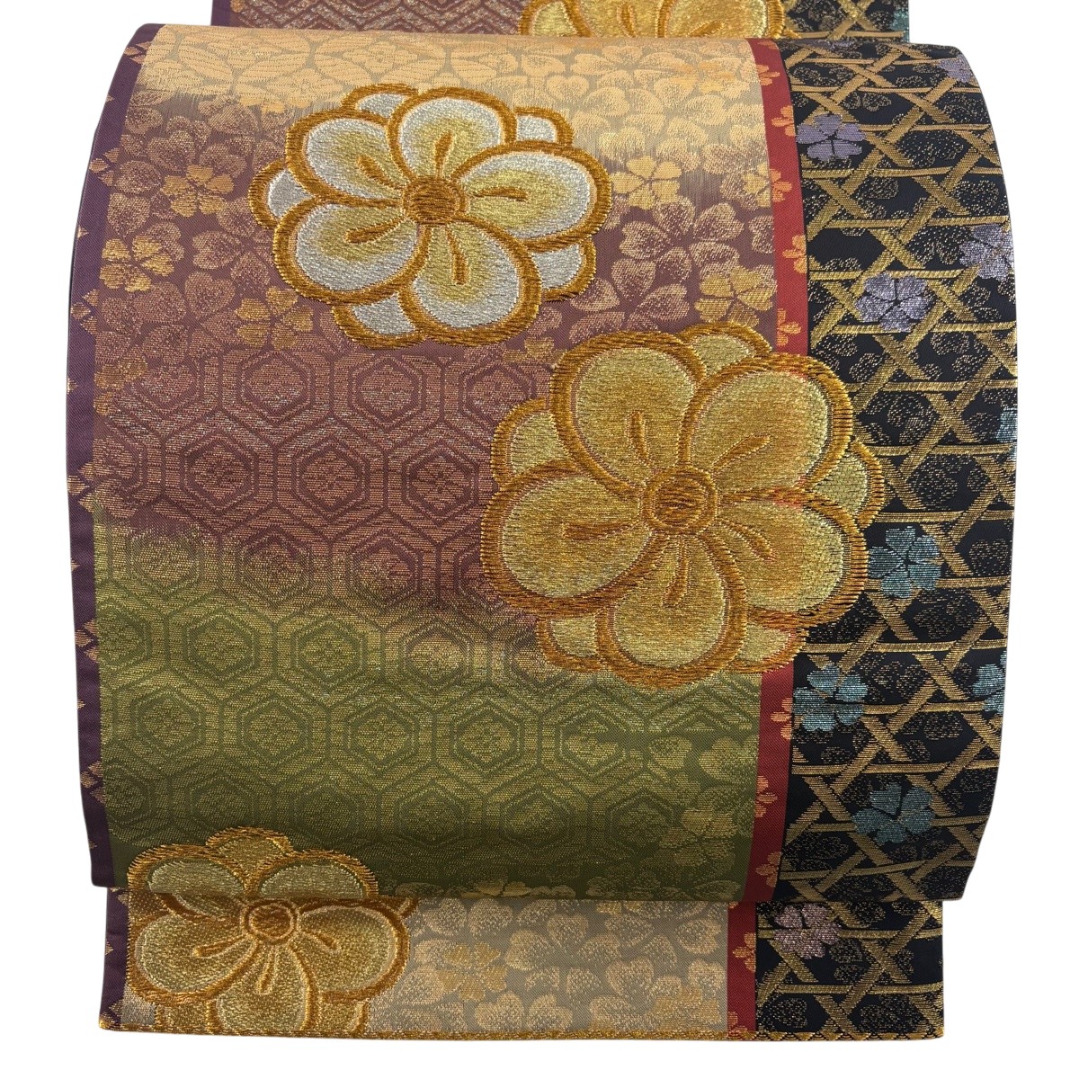 【美品】 袋帯 秀品 ねじ梅 亀甲 金糸 箔 紫 六通 正絹 【中古】｜バイセル 店