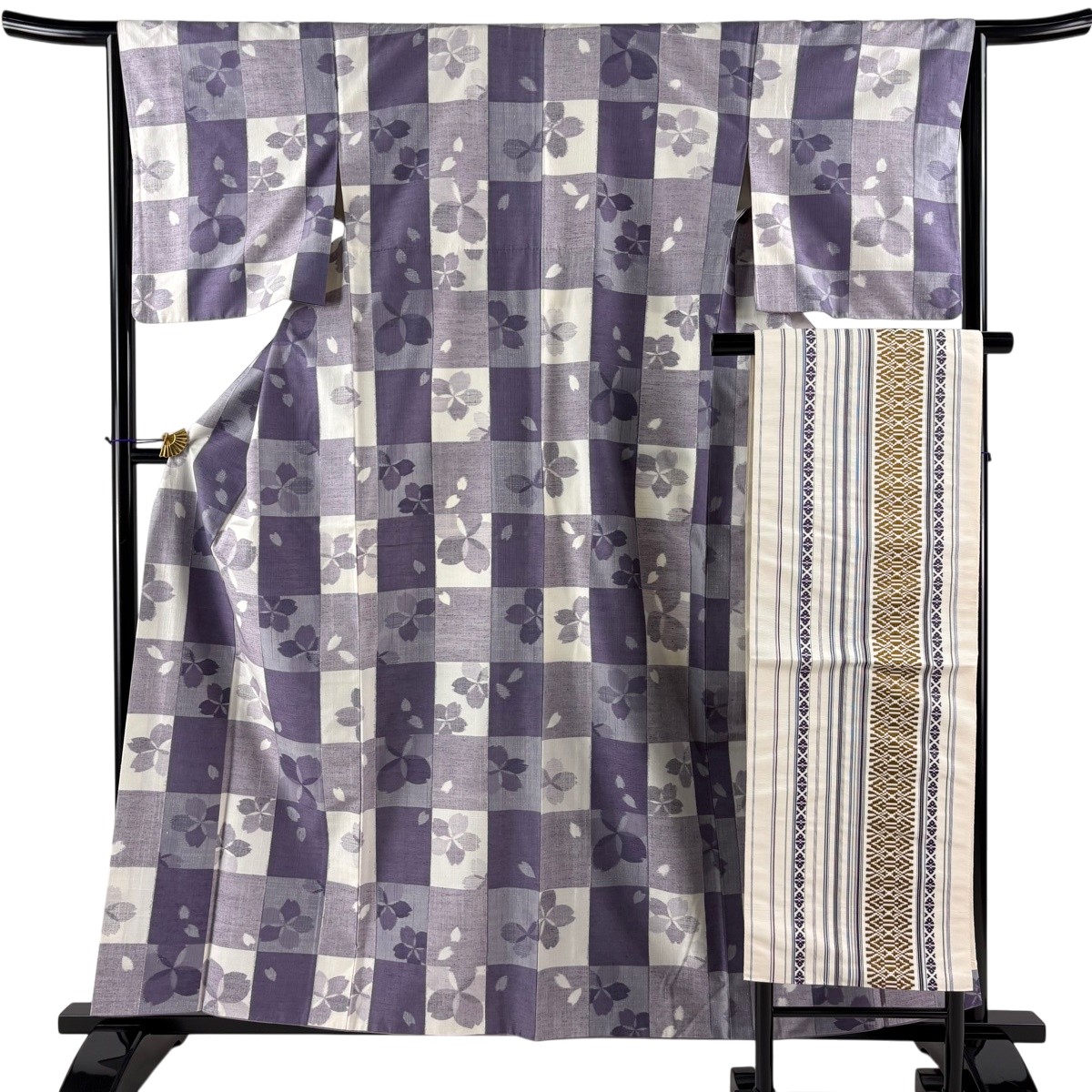 【美品】 紬 身丈160cm 裄丈64.5cm M 袷 名古屋帯セット 桜 市松 紫 正絹 名品 【中古】|バイセル 店