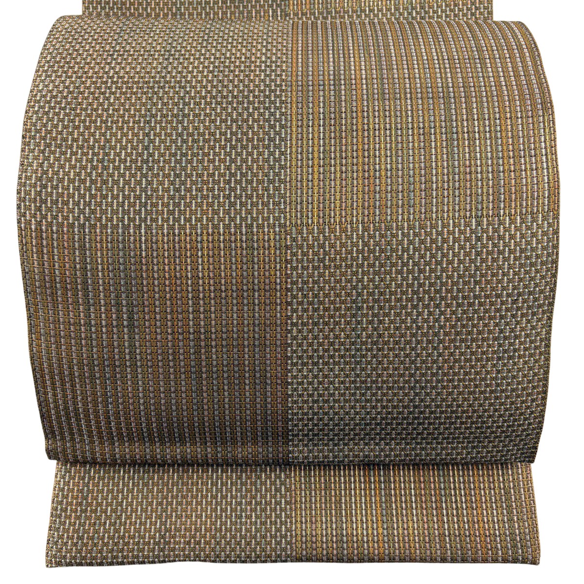 【美品】 袋帯 名品 市松 縞 金糸 茶緑色 全通 正絹 【中古】|バイセル 店