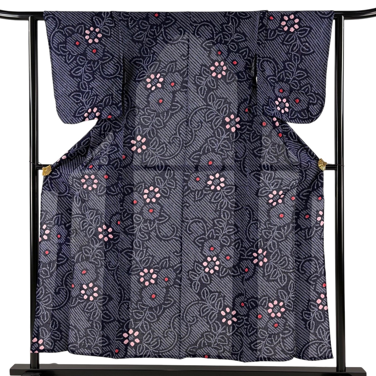 【美品】 浴衣 身丈154cm 裄丈61cm S 絞り浴衣 椿 草花 紺色 綿 名品 【中古】|バイセル 店