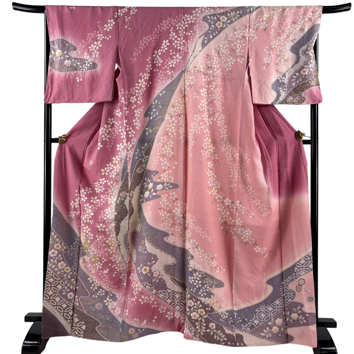 訪問着 身丈167cm 裄丈68.5cm L 袷 枝垂桜 流水 金糸 金彩 ピンク 正絹 名品 【中古】|バイセル 店