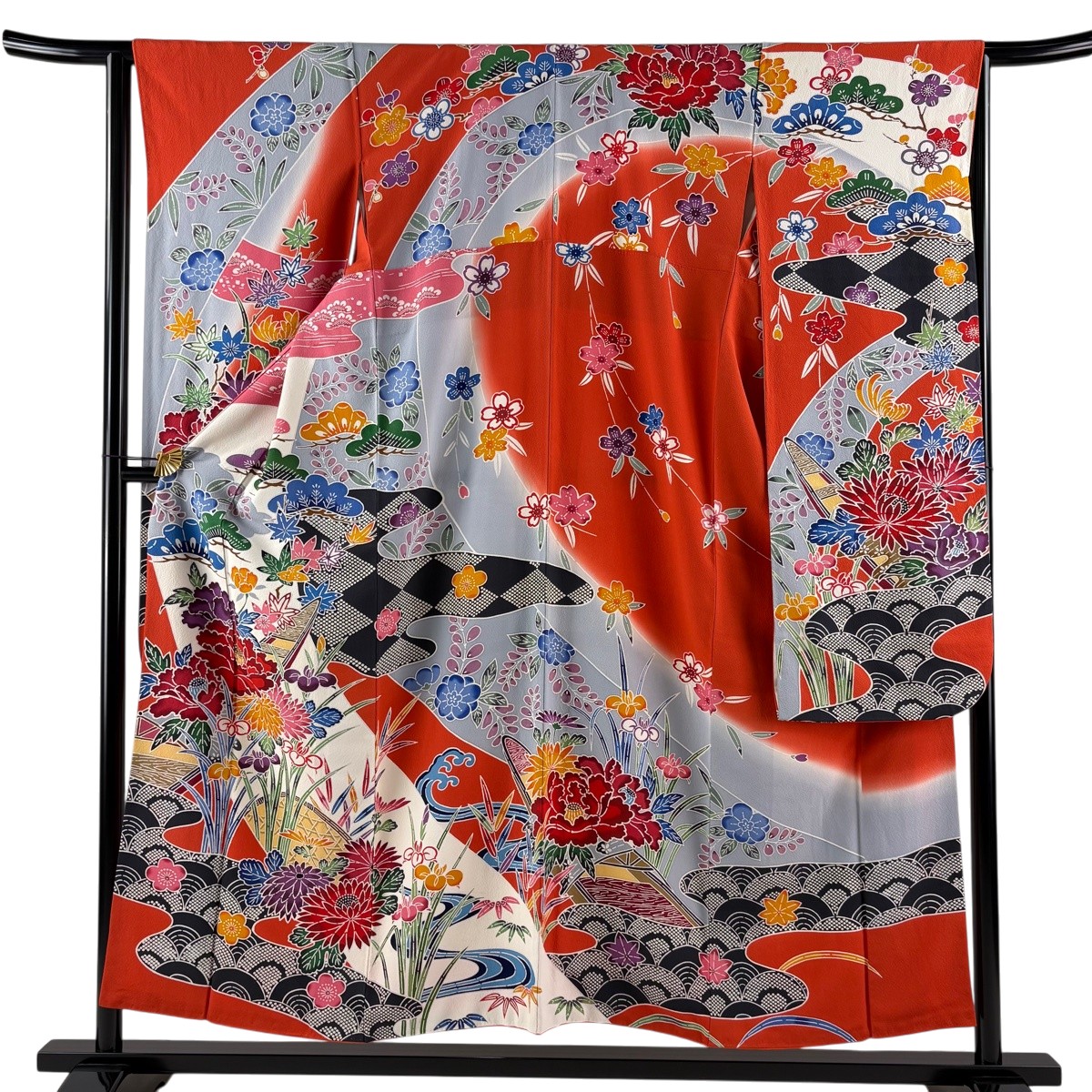 振袖 身丈154.5cm 裄丈64.5cm M 袷 草花 流水 ぼかし オレンジ 正絹 名品 【中古】｜バイセル 店