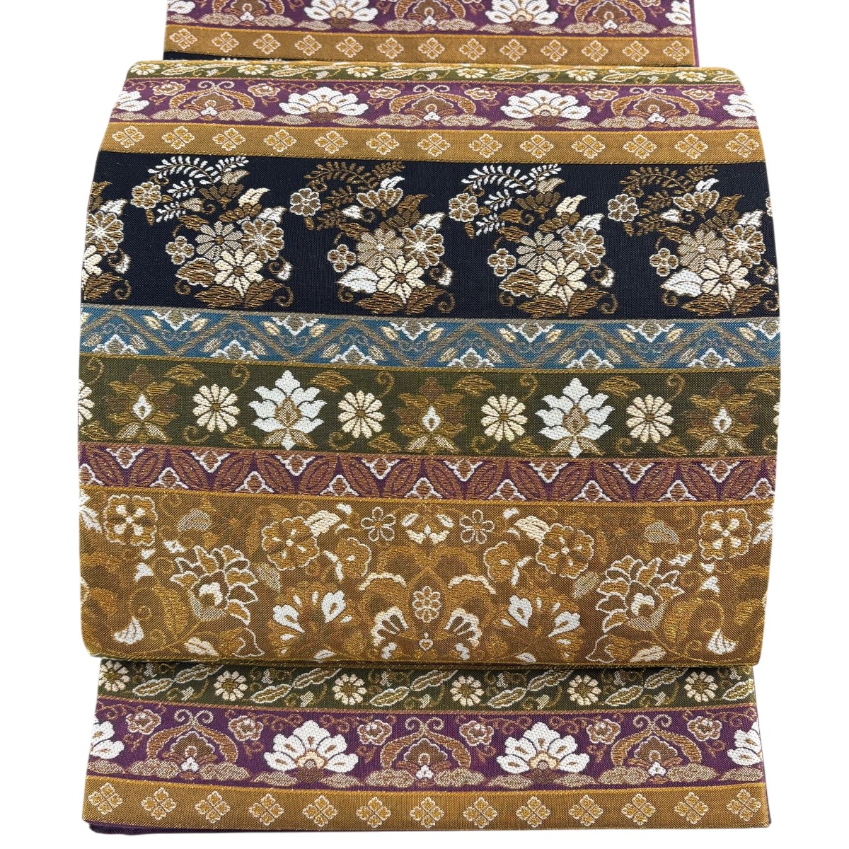 【美品】 袋帯 秀品 段縞 草花 金糸 山吹茶色 六通 正絹 【中古】｜バイセル 店
