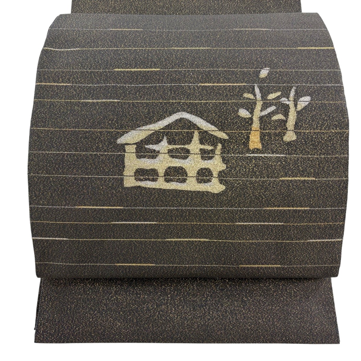 【美品】 名古屋帯 秀品 八寸名古屋帯 松葉仕立て 家 樹木 箔 灰茶 正絹 【中古】｜バイセル 店