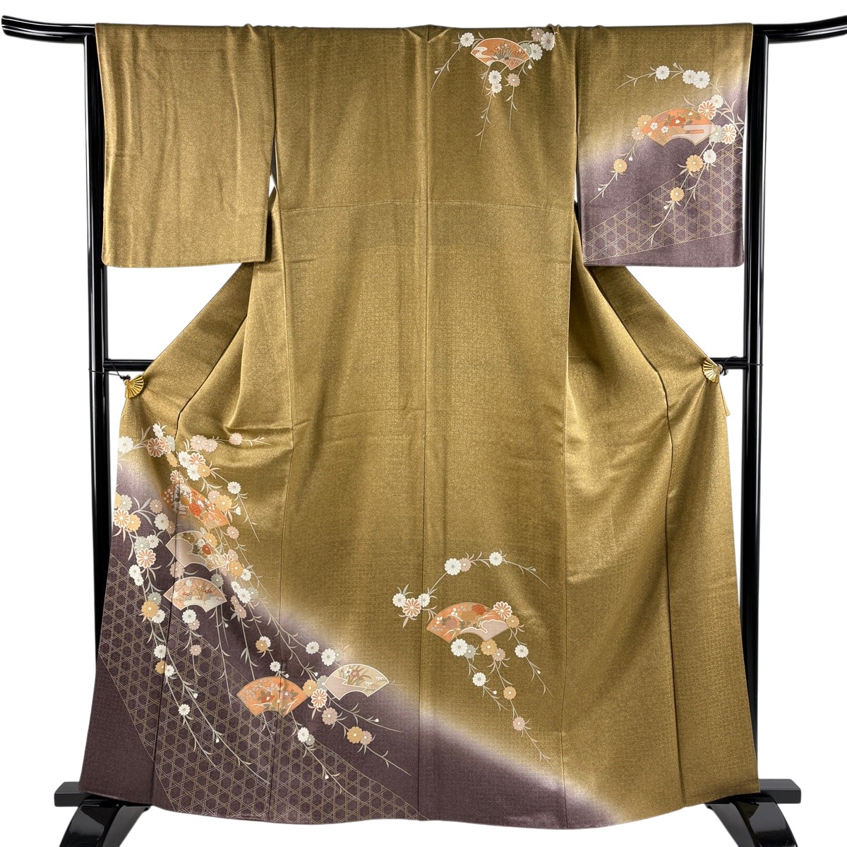 【美品】 訪問着 身丈162.5cm 裄丈65.5cm M 袷 扇面 草花 金彩 染め分け 薄茶色 正絹 秀品 【中古】｜バイセル 店