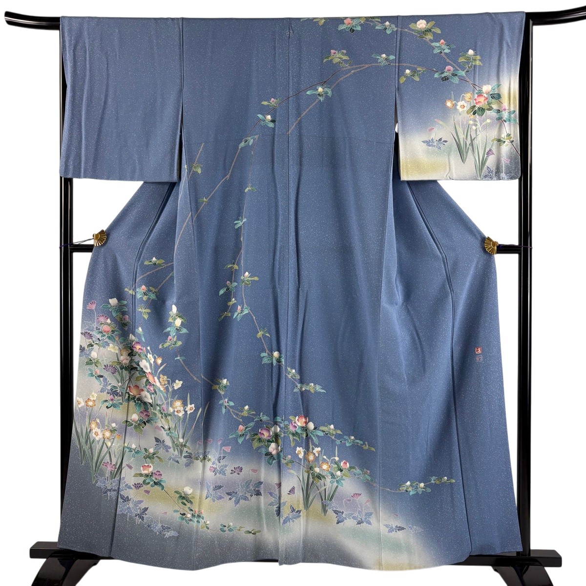 訪問着 身丈157cm 裄丈66cm M 袷 松本健一 京加賀友禅 落款あり 草花 枝花 ぼかし 水色 正絹 逸品 一つ紋 【中古】|バイセル 店