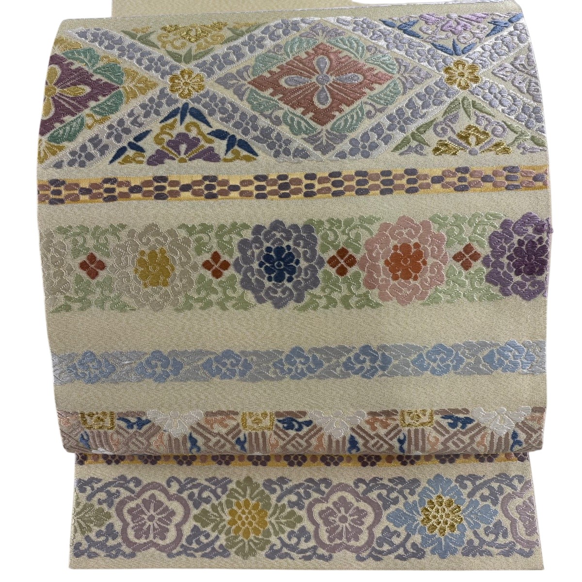 【美品】 袋帯 名品 花菱 段縞 金糸 唐織 ベージュ 六通 正絹 【中古】|バイセル 店