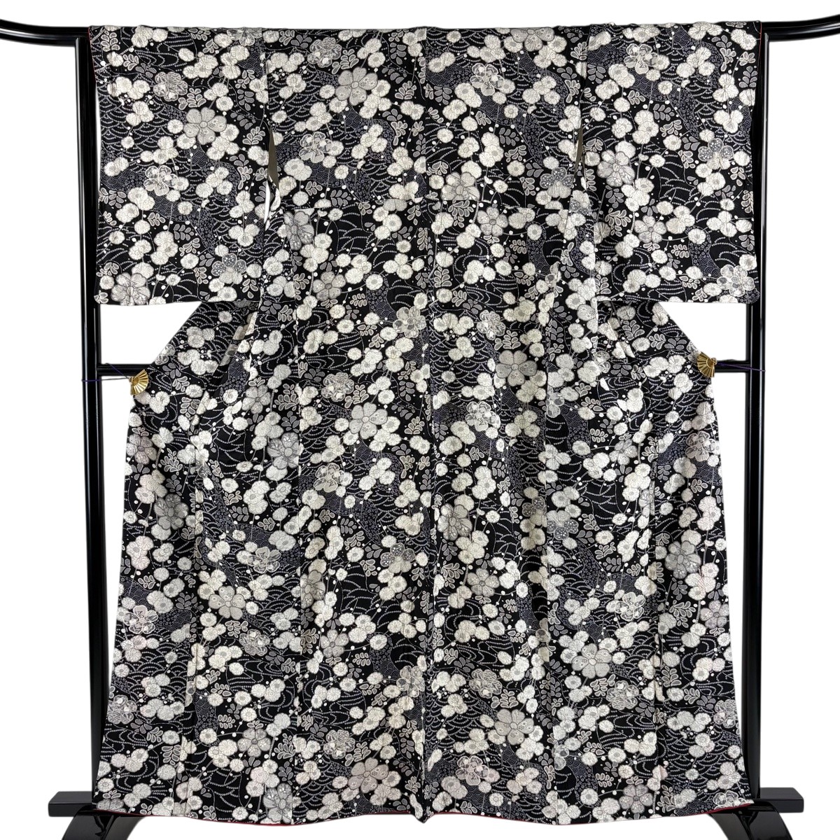 【美品】 小紋 身丈158.5cm 裄丈65cm M 袷 草花 青海波 絞り 黒 正絹 名品 【中古】｜バイセル 店
