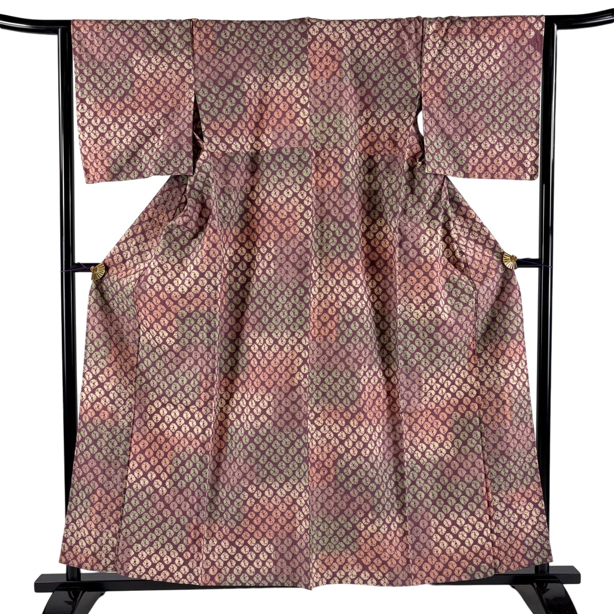 【美品】 小紋 身丈158.5cm 裄丈64cm M 単衣 紬地 幾何学 絞り 紫 正絹 名品 【中古】|バイセル 店