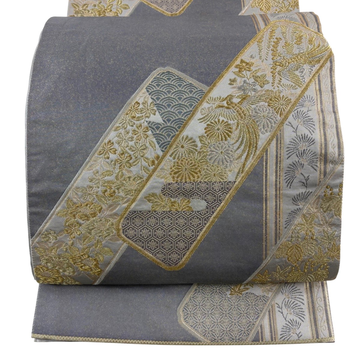 【美品】 袋帯 秀品 草花 鳥 金銀糸 箔 灰色 六通 正絹 【中古】｜バイセル 店